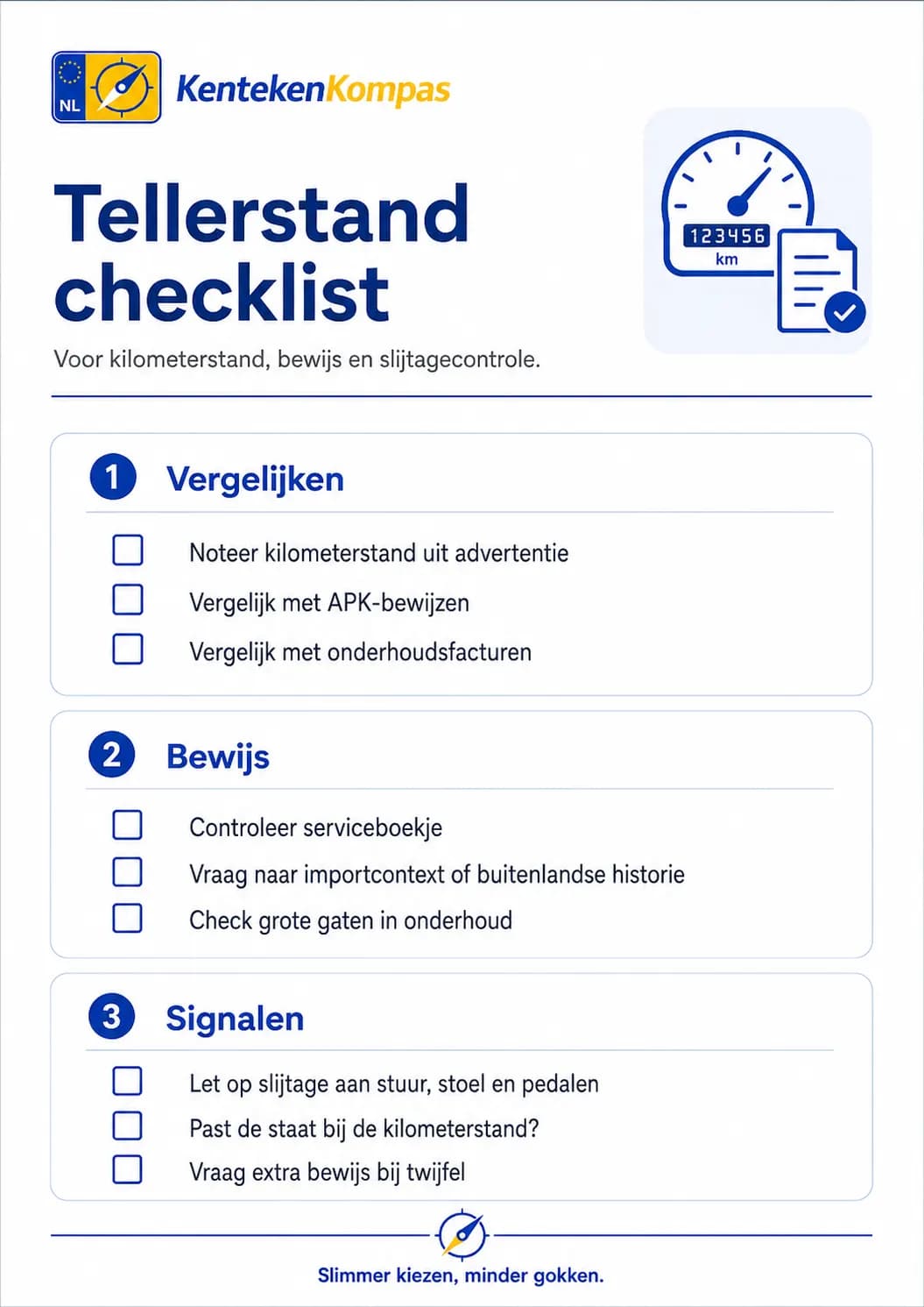 Gratis tellerstand controle checklist voor tweedehands auto kopen
