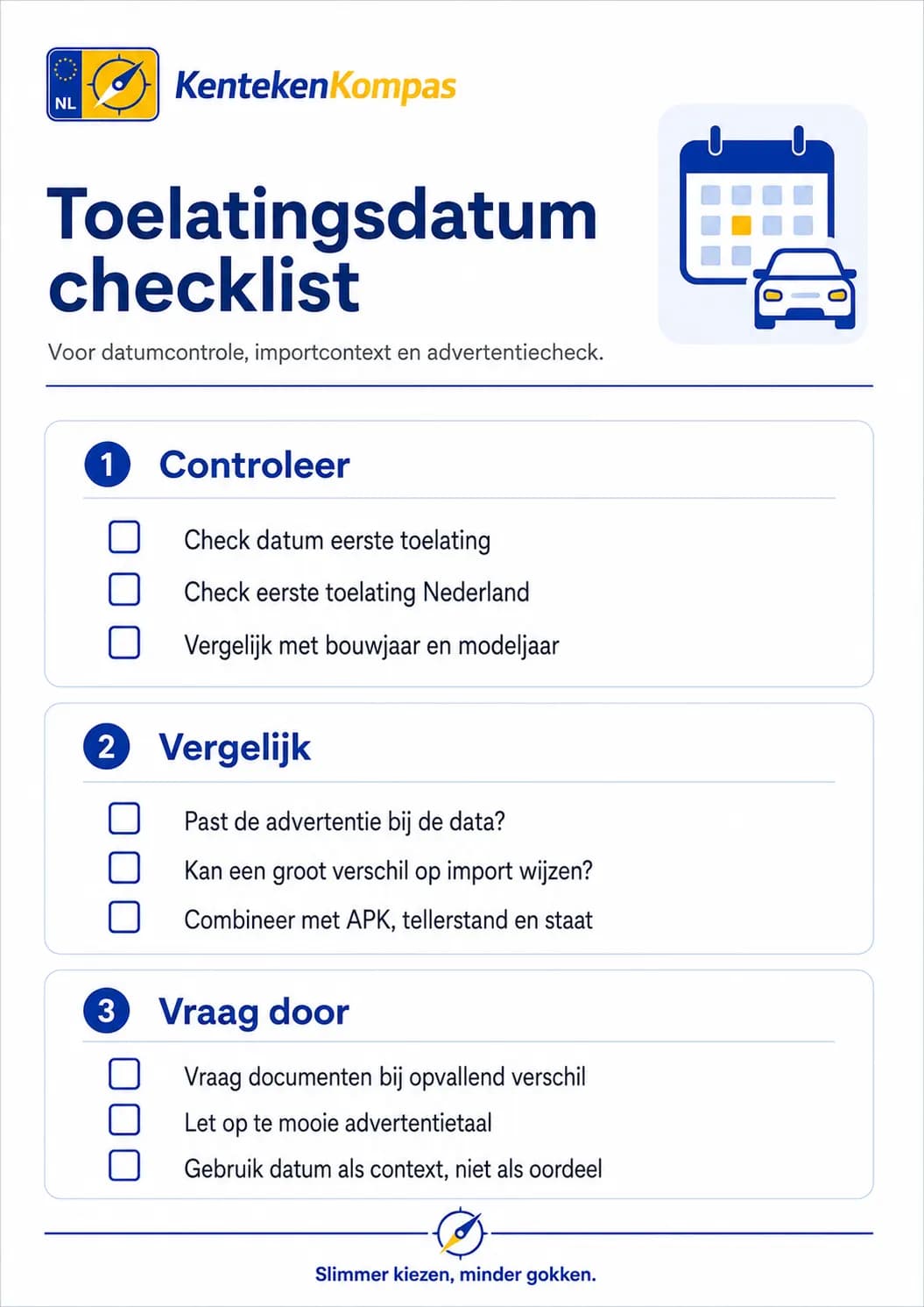 Gratis checklist voor datum eerste toelating en bouwjaar